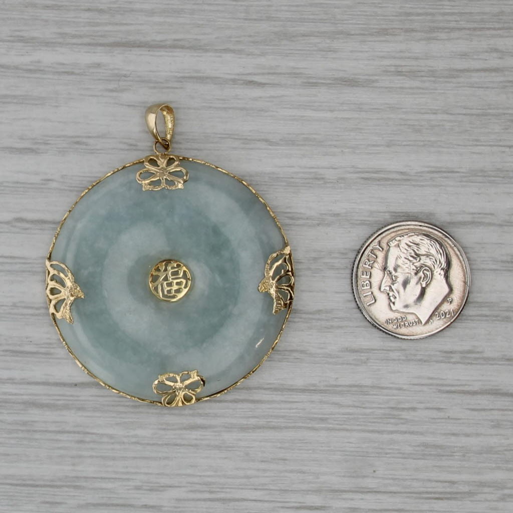 Green Jade Butterfly Hololith Pendant 14k Gold Chinese Character Good Fortune