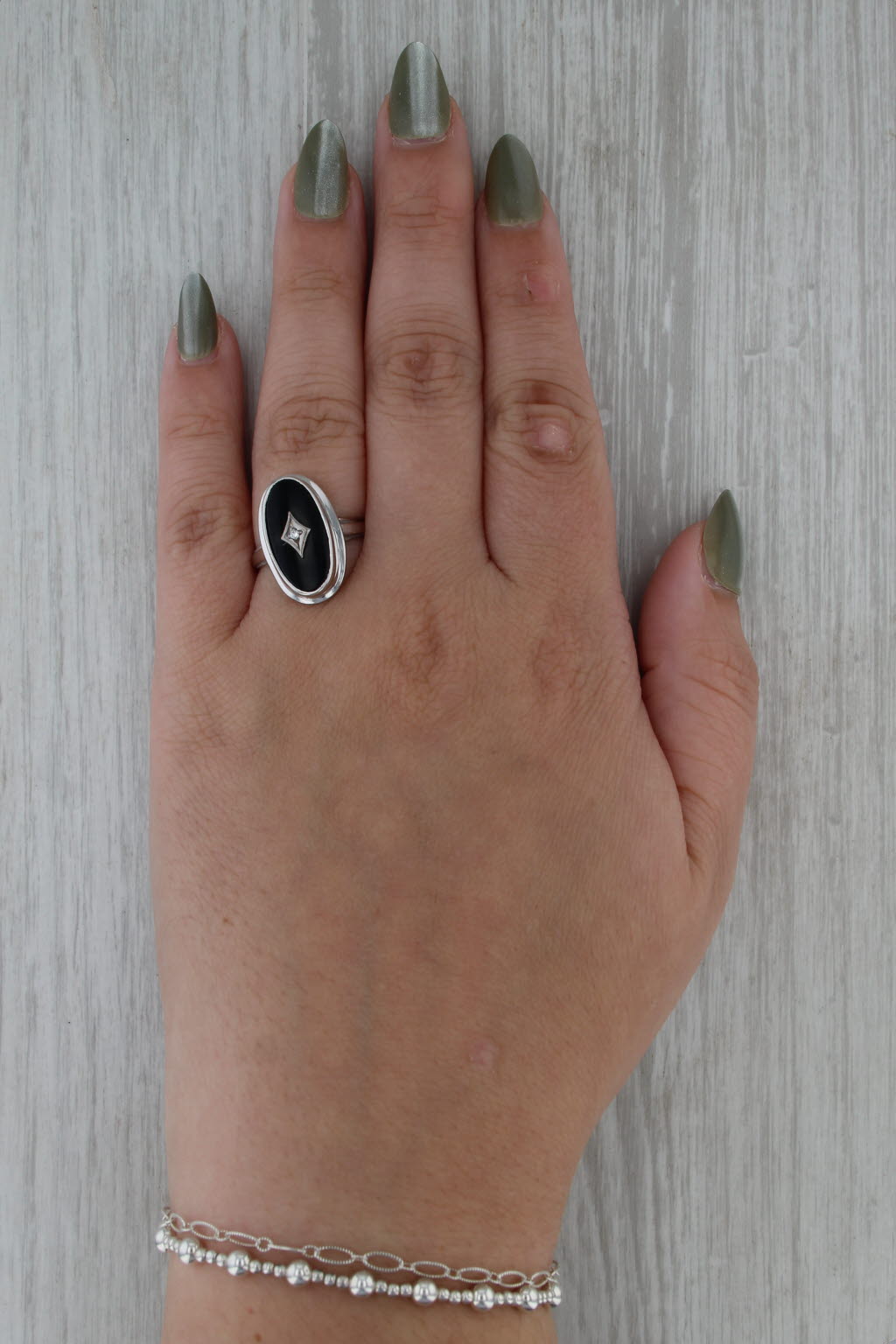 Vintage Onyx Diamond Signet Ring 10k White Gold Size 7.5
