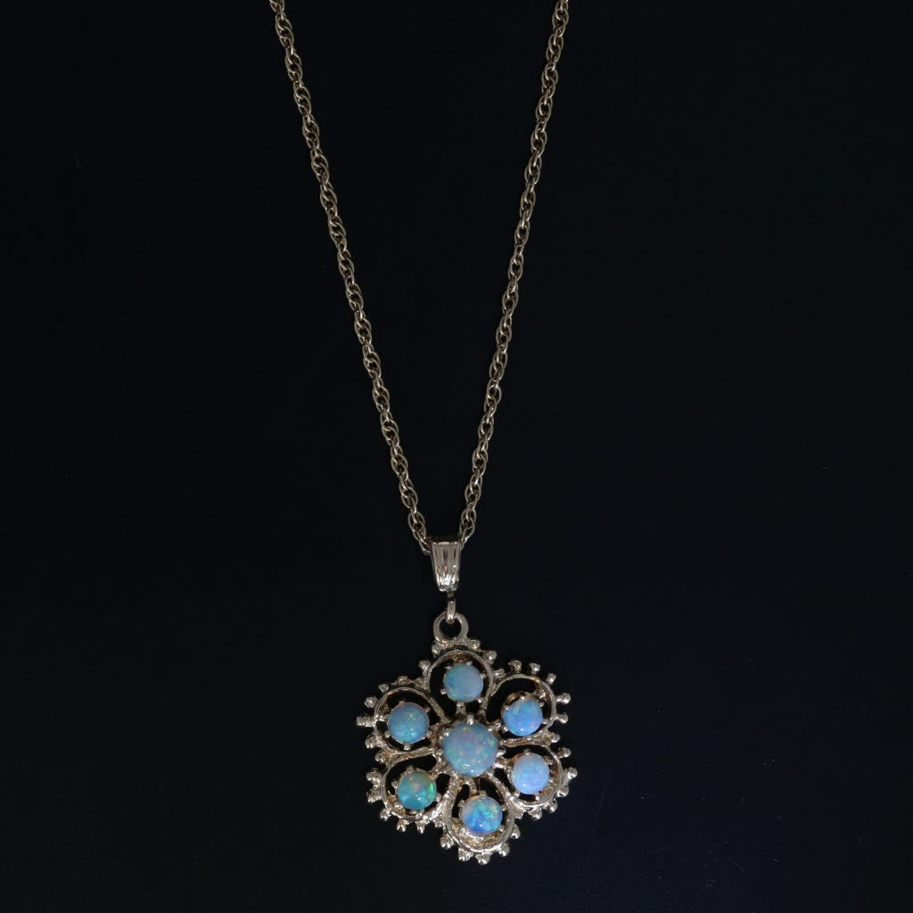 Black Opal Flower Pendant Necklace 14k Yellow Gold 18" Rope Chain