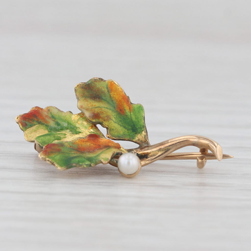 Light Gray Antique Seed Pearl Enamel Leaf Brooch 14k Yellow Gold Pin