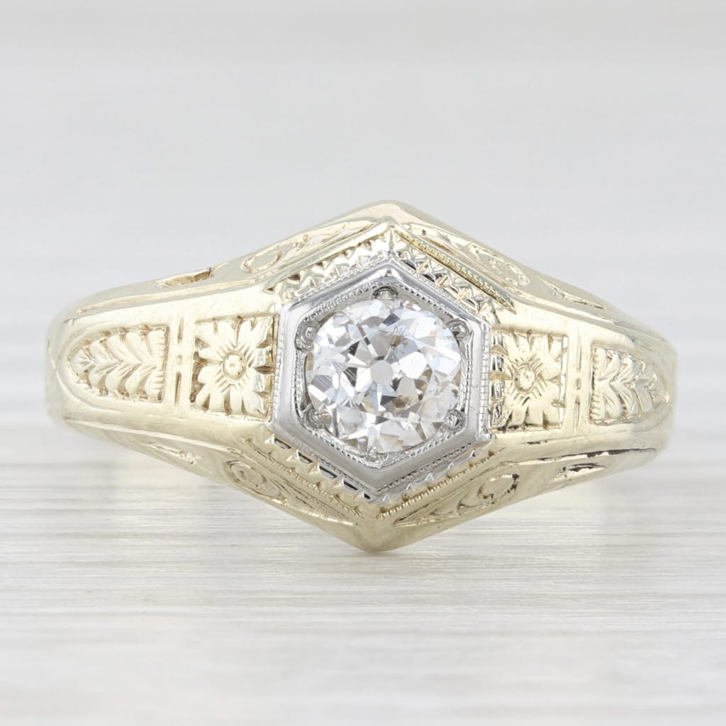 Light Gray Vintage 0.50ct Diamond Solitaire Ring 14k Yellow Gold Floral Art Deco Engagement