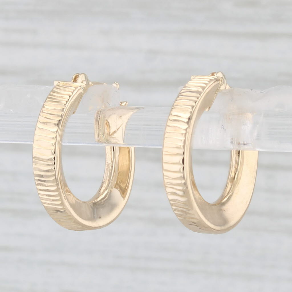 Light Gray Small Beveled Hoop Earrings 14k Yellow Gold Snap Top Round Hoops