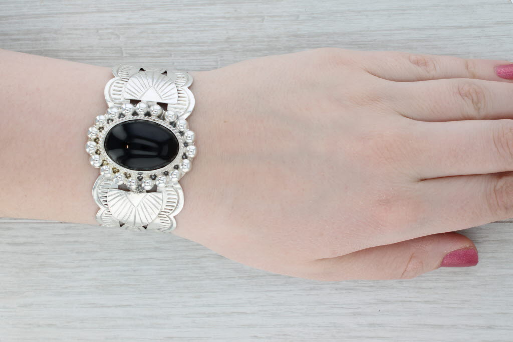 Gray Black Obsidian Sterling Silver Cuff Bracelet Stamped Pattern Mexico 7.25"