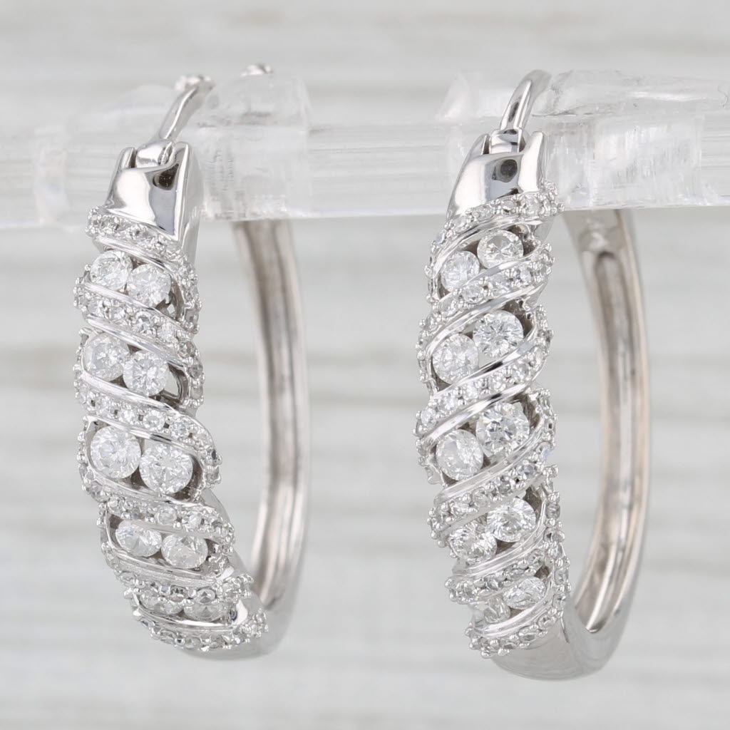 Light Gray 1ctw Scalloped Diamond Hoop Earrings 14k White Gold Snap Top Round Hoops