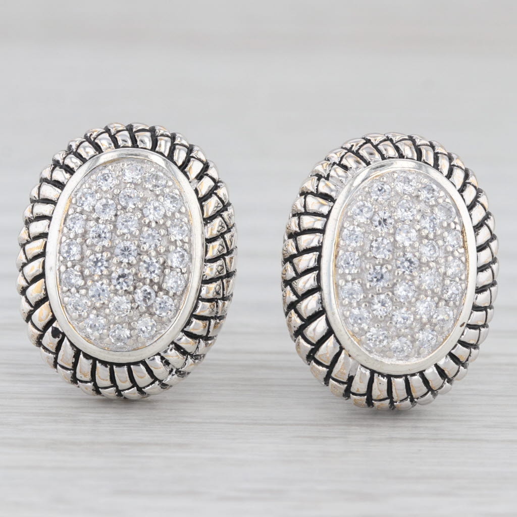 Light Gray Pave Cubic Zirconia Earrings Sterling Silver Pierced Omega Back Drops