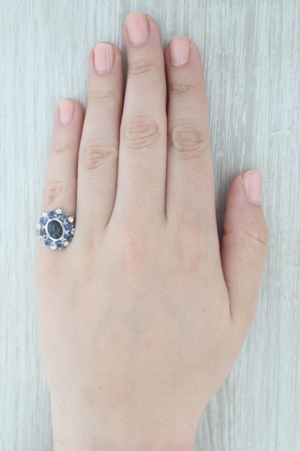 Gray Blue Cabochon Sapphire Zircon Halo Ring 10k White Gold Size 8