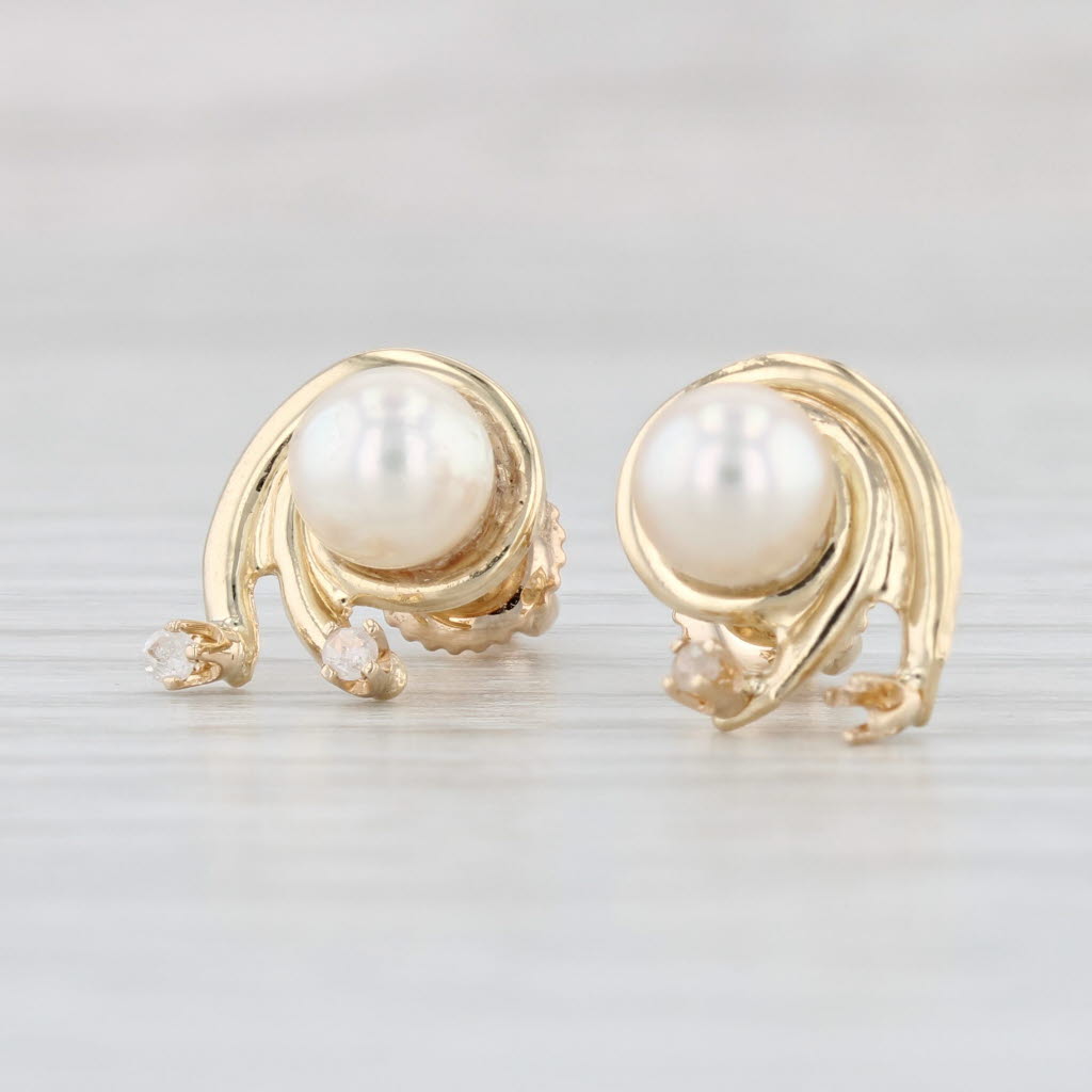 Light Gray Cultured Pearl Diamond Swirl Stud Earrings 14k Yellow Gold