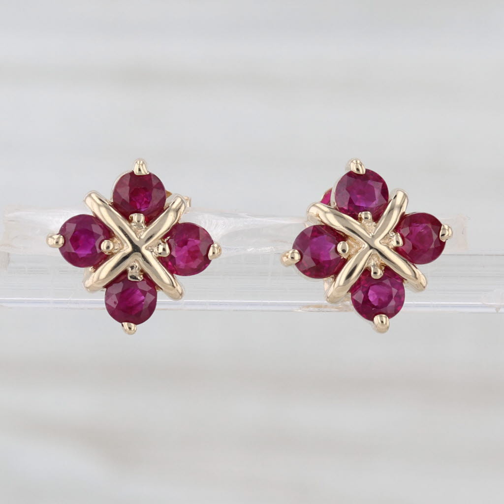 1ctw Ruby Stud Earrings 14k Yellow Gold Flower Studs