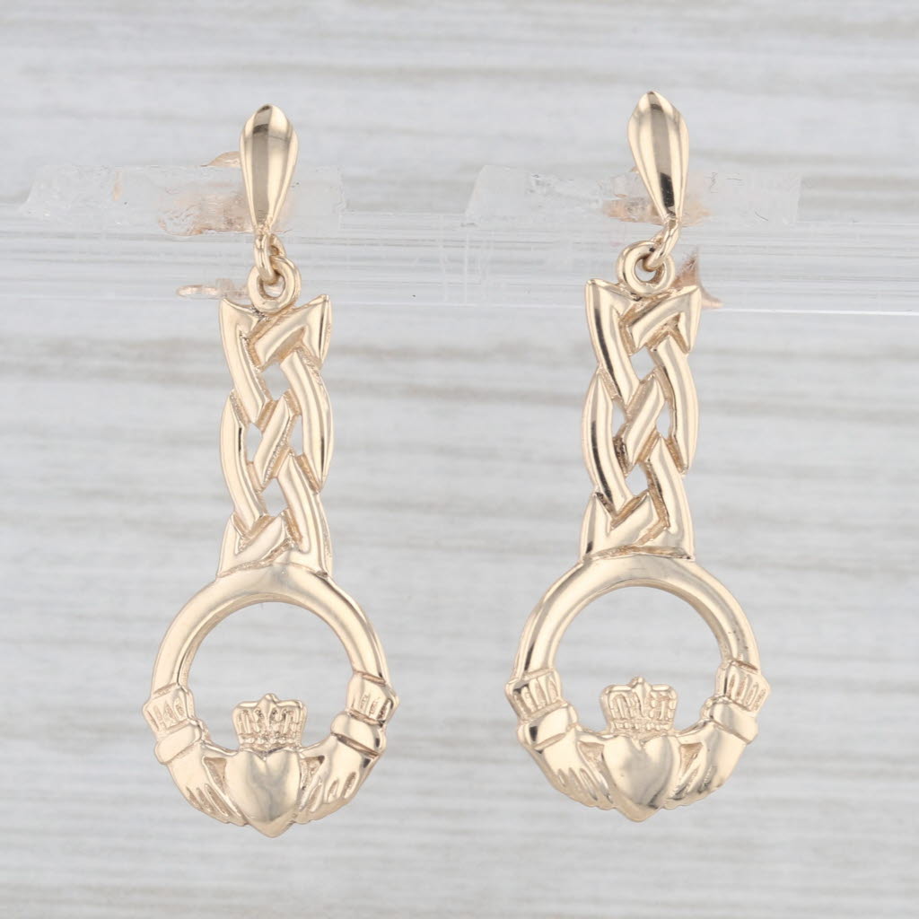 Light Gray Irish Claddagh Celtic Knot Dangle Earrings 9k Yellow Gold Drops