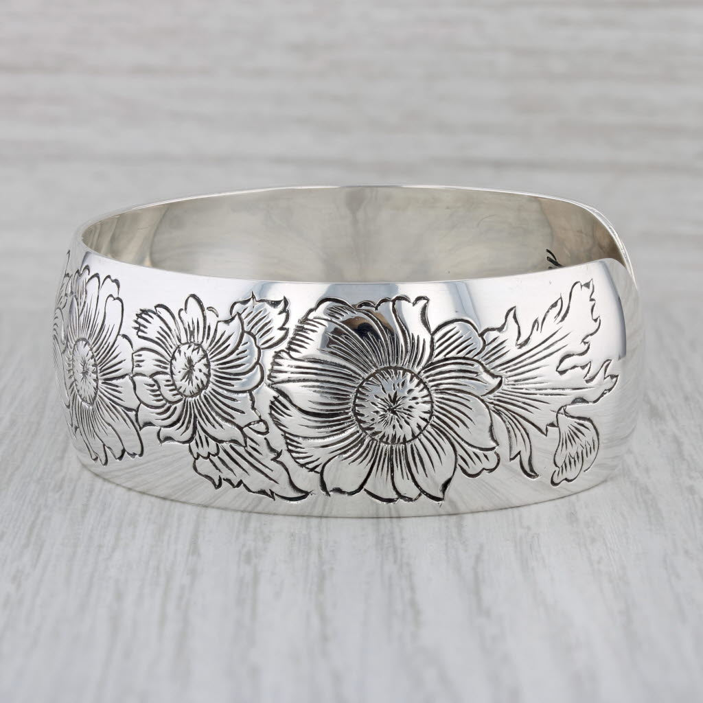 Gray Daisy Flower Engraved Cuff Bracelet Sterling Silver S Kirk & Son 7" Vintage
