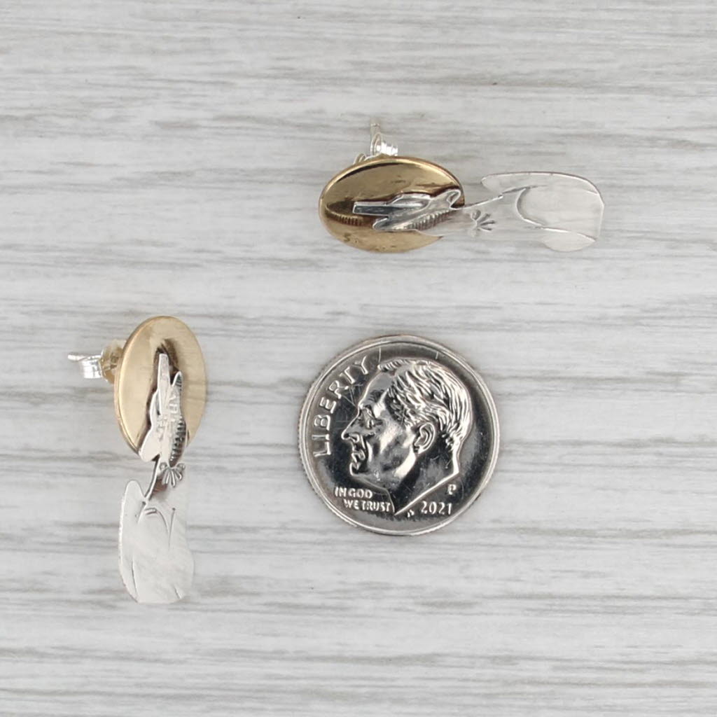 Vintage Wolf Howling at the Moon Earrings Sterling Silver Brass Drops