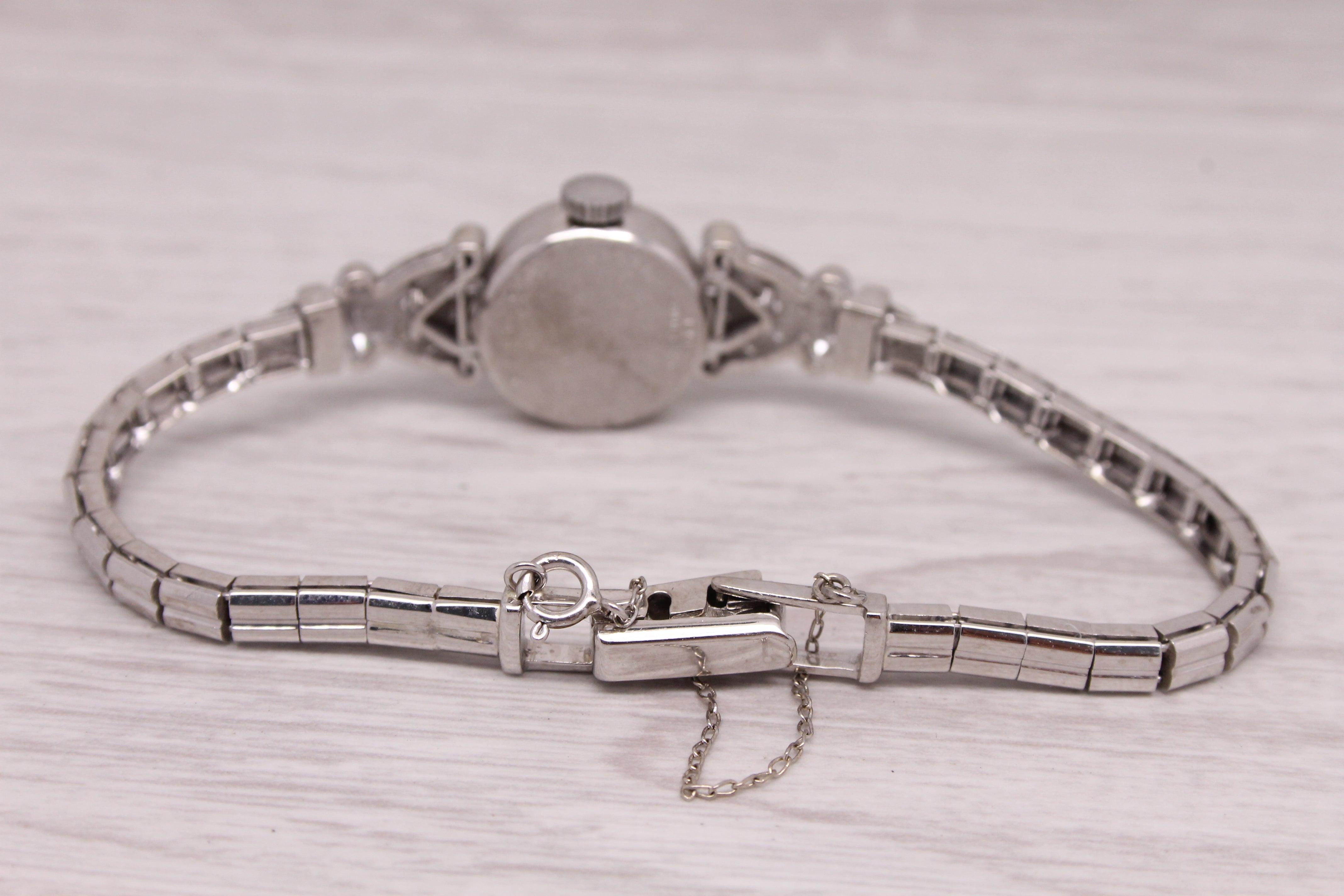 Gray Vintage Bulova Ladies 14k White Gold & Diamond Wrist Watch 0.30ctw - Serviced -