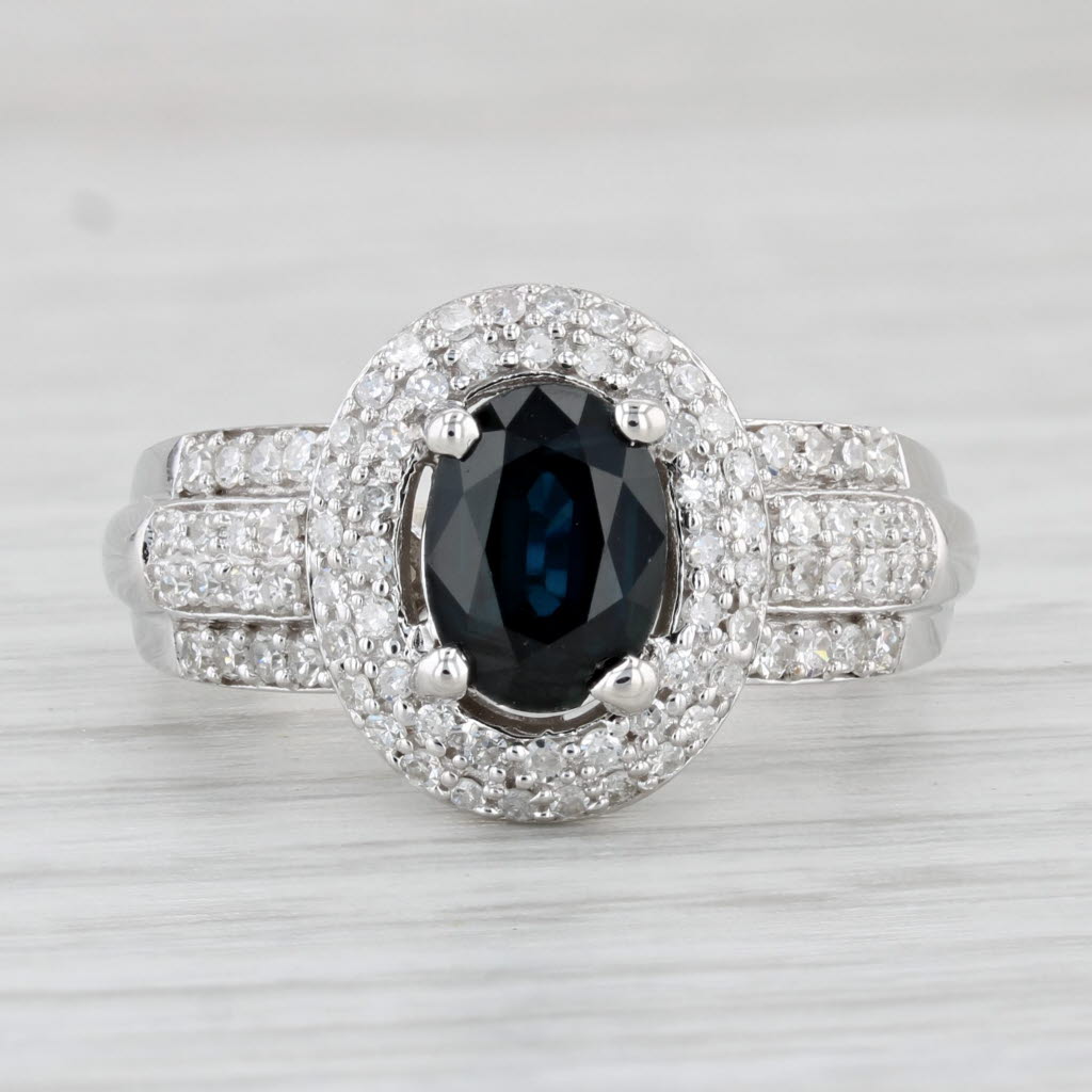Light Gray 1.64ctw Blue Sapphire Diamond Halo Ring 14k White Gold Size 7 Bridal Engagement