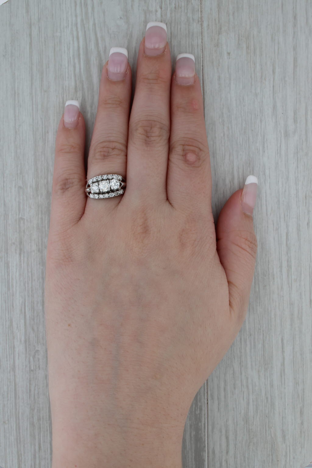 1.37ctw Vintage Diamond Bridal Ring 14k White Gold 3-Stone Engagement Size 7.5