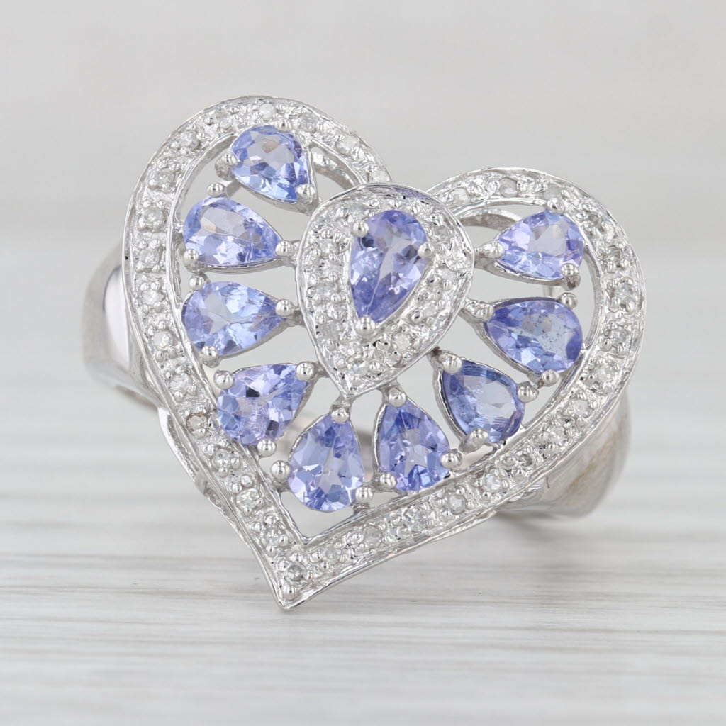 1.53ctw Tanzanite Diamond Halo Heart Ring 10k White Gold Cocktail Size 8.25