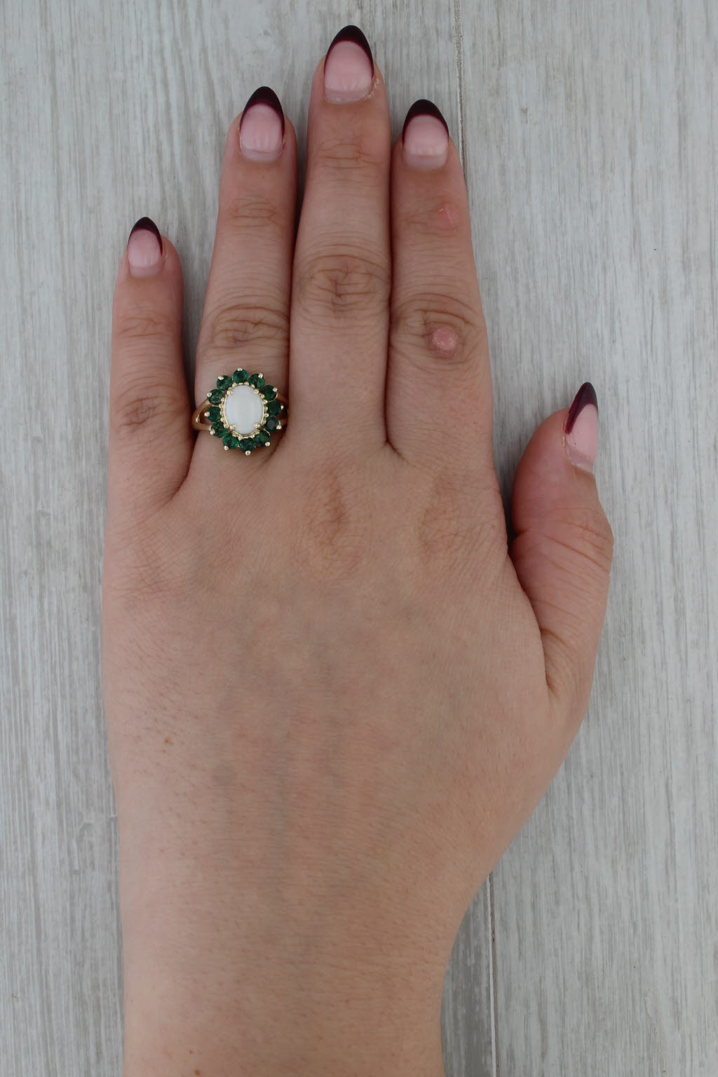 Opal Cabochon 1.20ctw Emerald Halo Ring 14k Yellow Gold Size 7