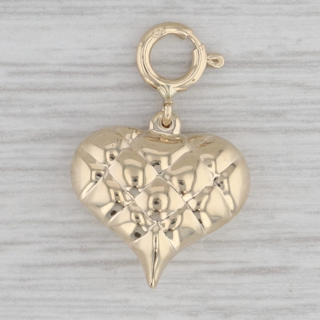 Gray Crosshatch Puffy Heart Charm 14k Yellow Gold Pendant