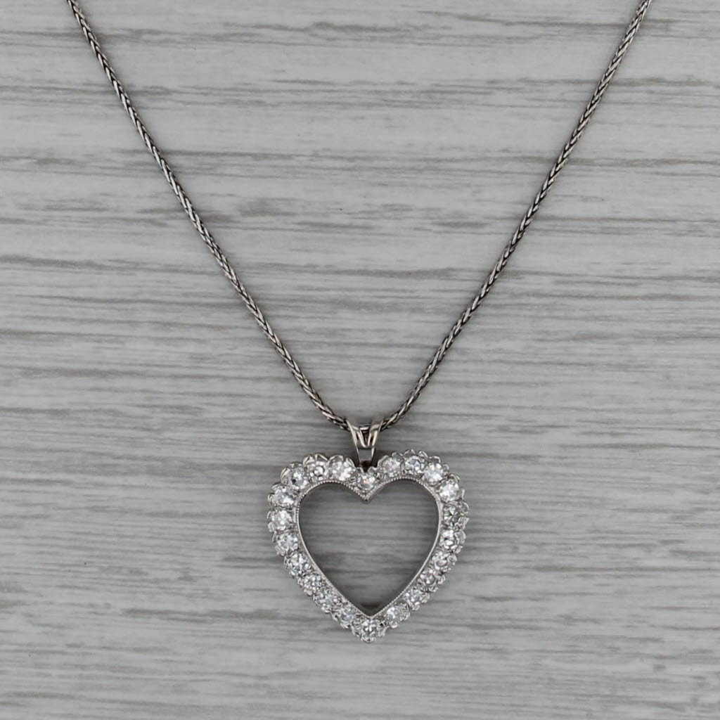 0.44ctw Diamond Heart Pendant Necklace 14k White Gold 20" Adjustable Wheat Chain