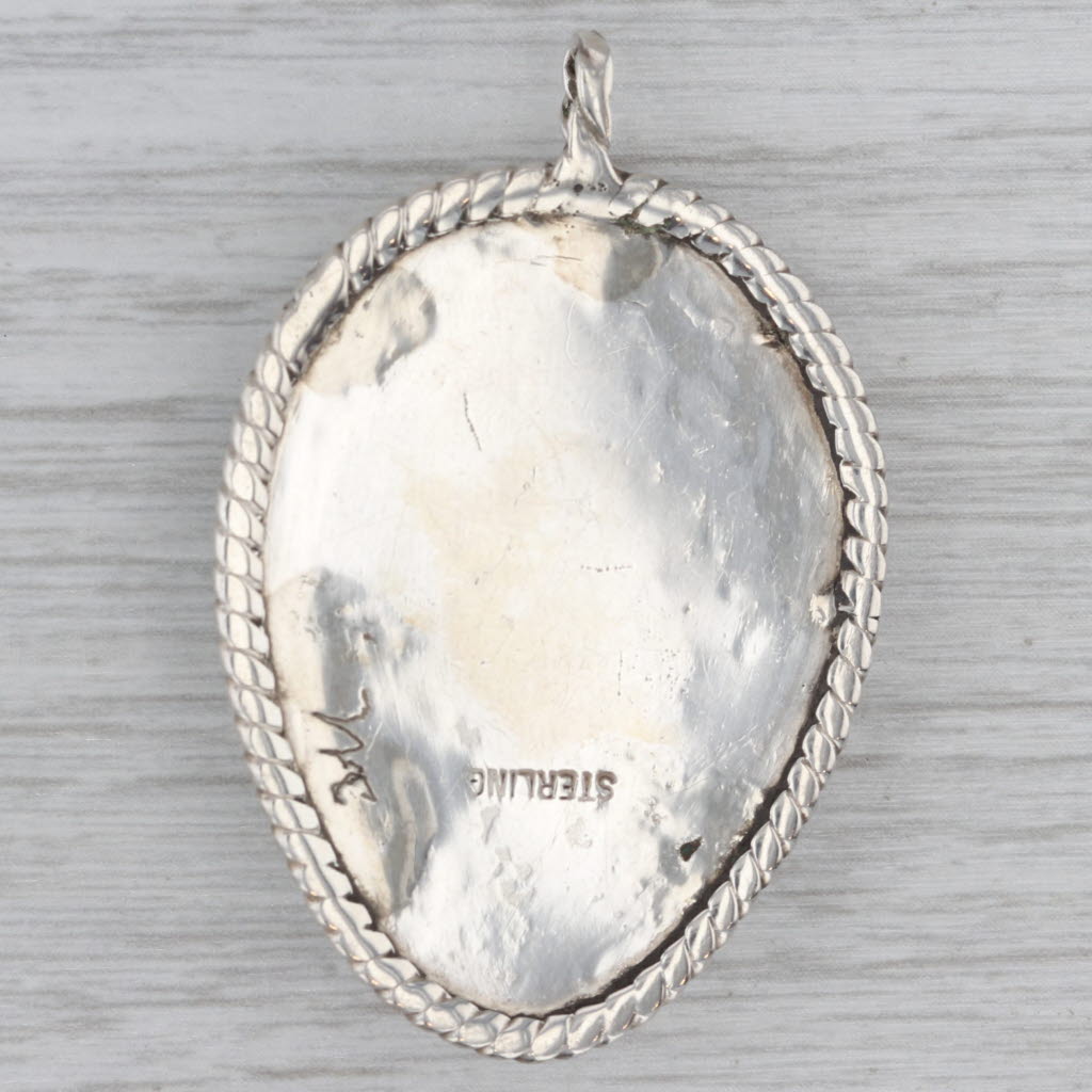 Gray Amazonite Pear Cabochon Pendant Sterling Silver Vintage Native American Signed