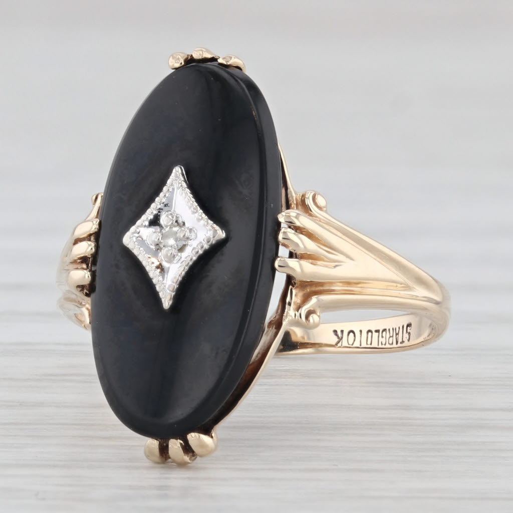 Light Gray Vintage Oval Onyx Diamond Signet Ring 10k Yellow Gold Size 6.5