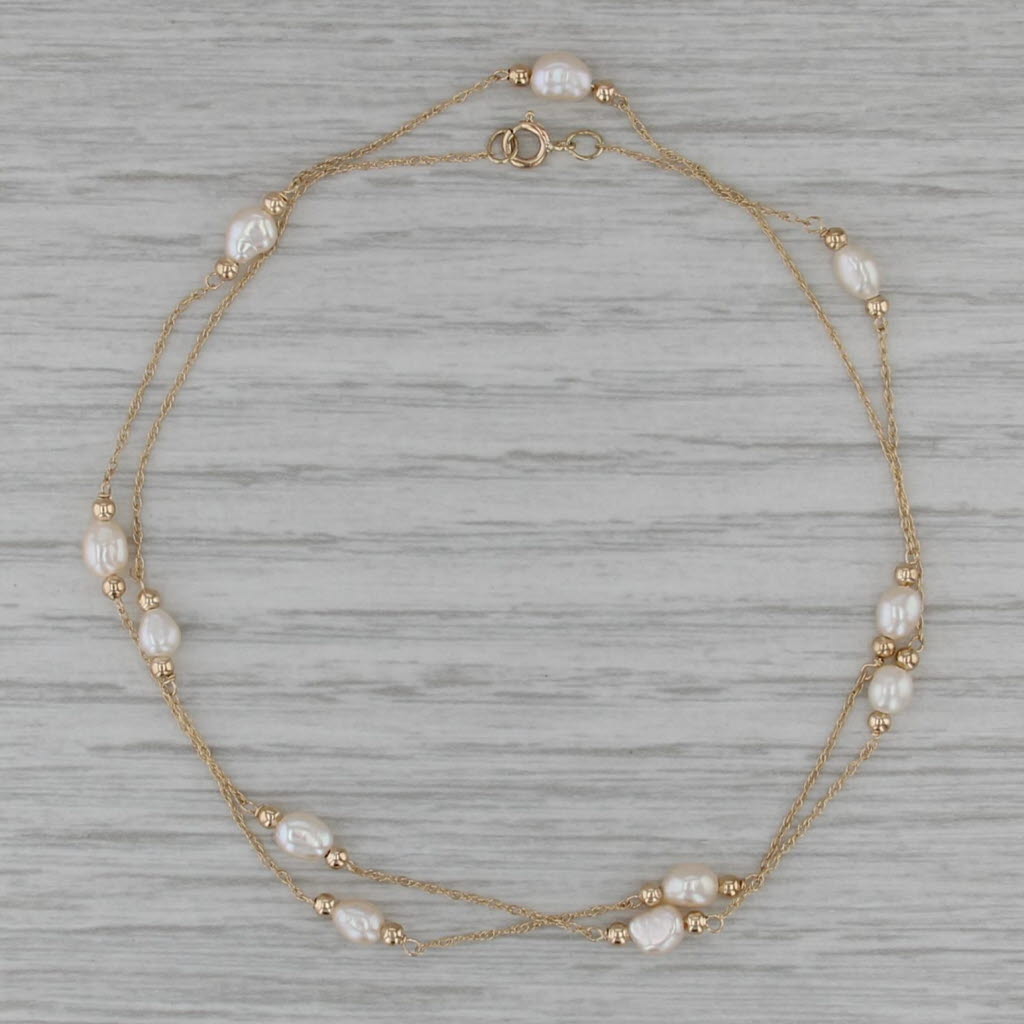Cultured Pearl Station Necklace 14k Yellow Gold 16.5" Rope Chain