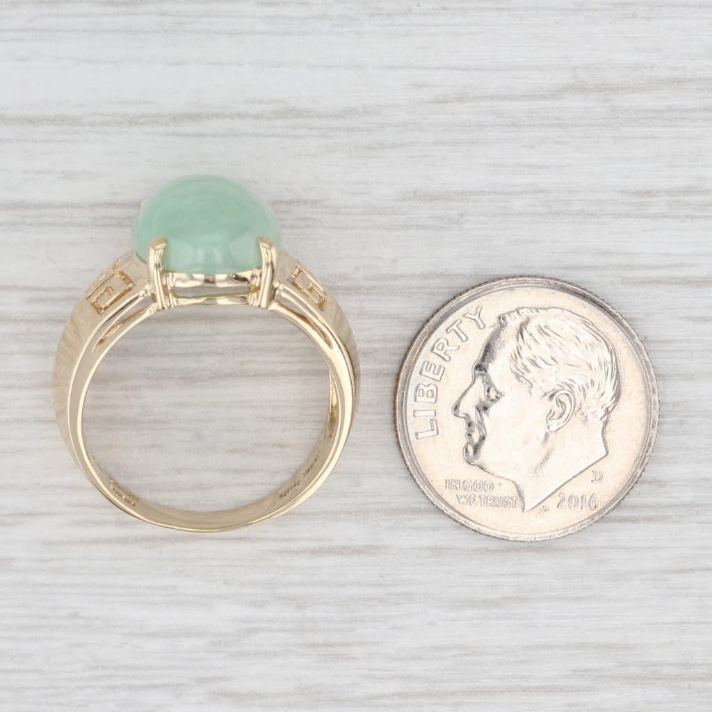Light Gray Green Jadeite Jade Oval Cabochon Ring 14k Gold Greek Key Pattern Size 6.25