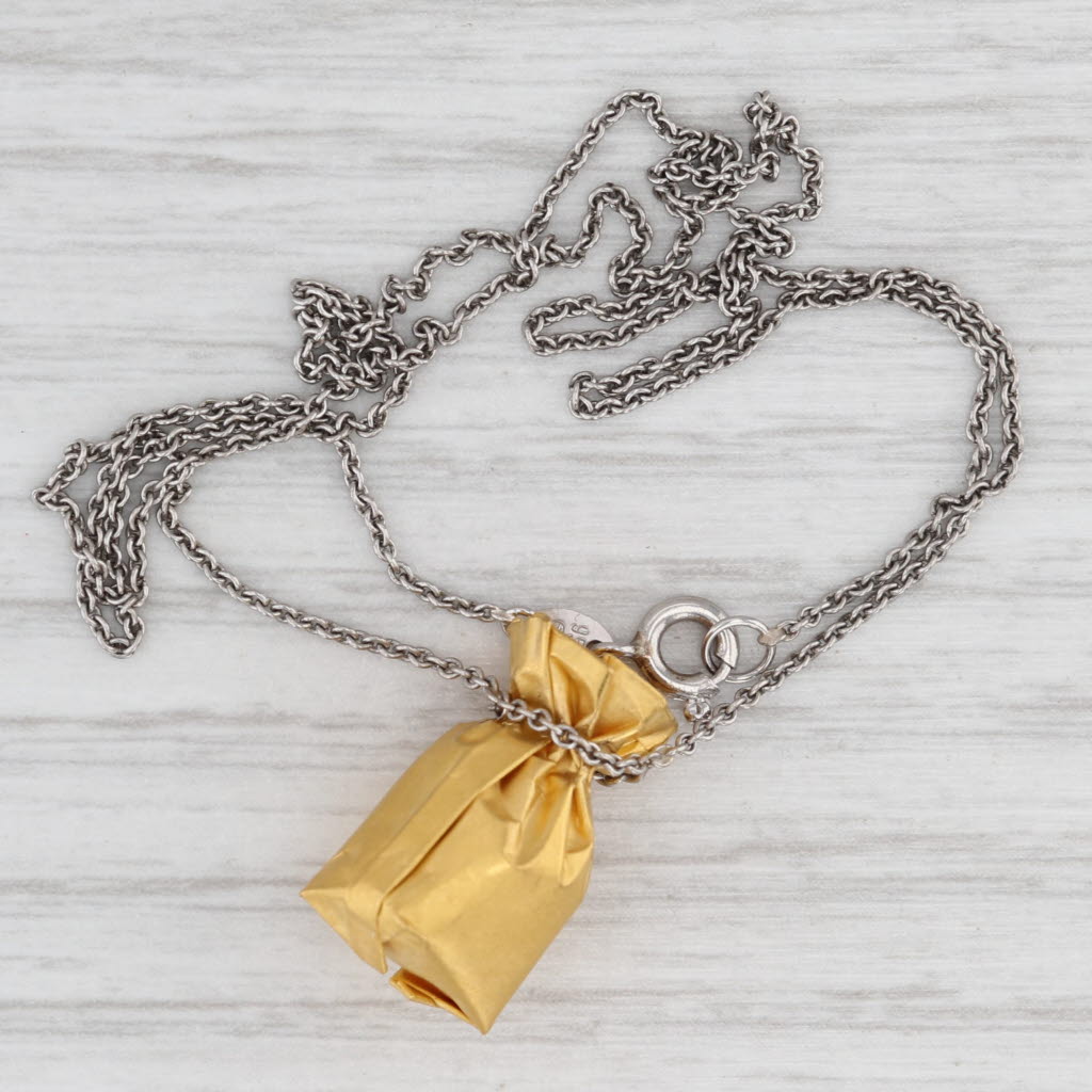 24k Gold Bag Pendant Platinum Necklace 17" Cable Chain