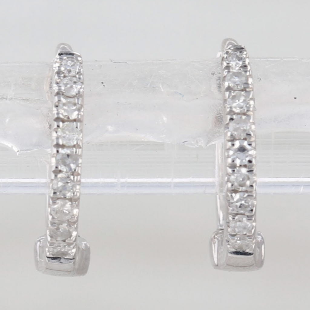 Diamond Mini Hoop Huggie Earrings 14k White Gold Round Hoops Hinged 9.7x1.4mm