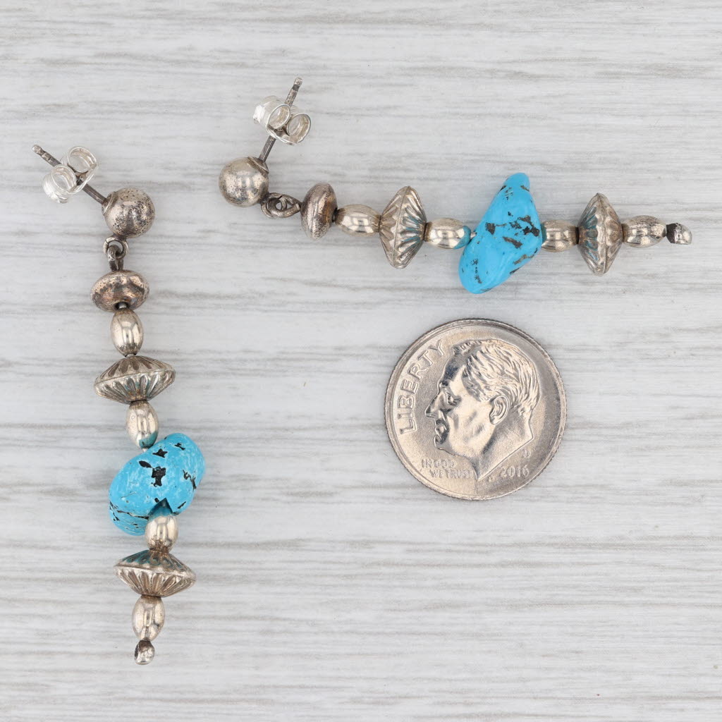 Light Gray Vintage Native American Turquoise Dangle Bead Earrings Sterling Silver