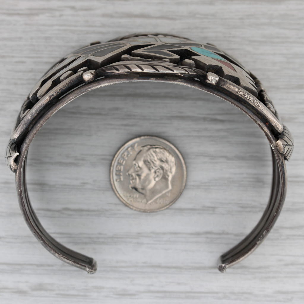Dark Gray Vintage Native American Kee Navajo Tribal Figure Cuff Bracelet Silver Mosaic