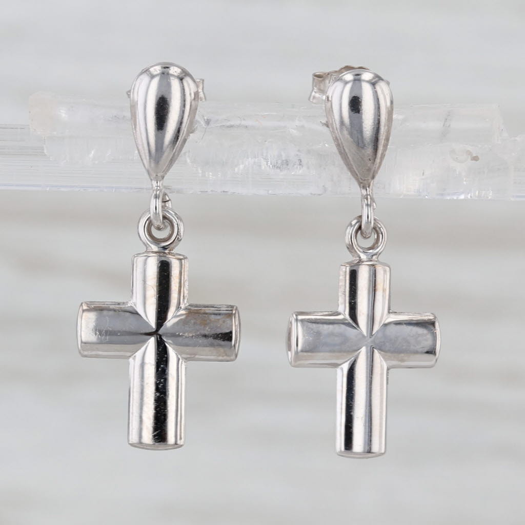 Cross Dangle Earrings 18k White Gold Pierced Drops