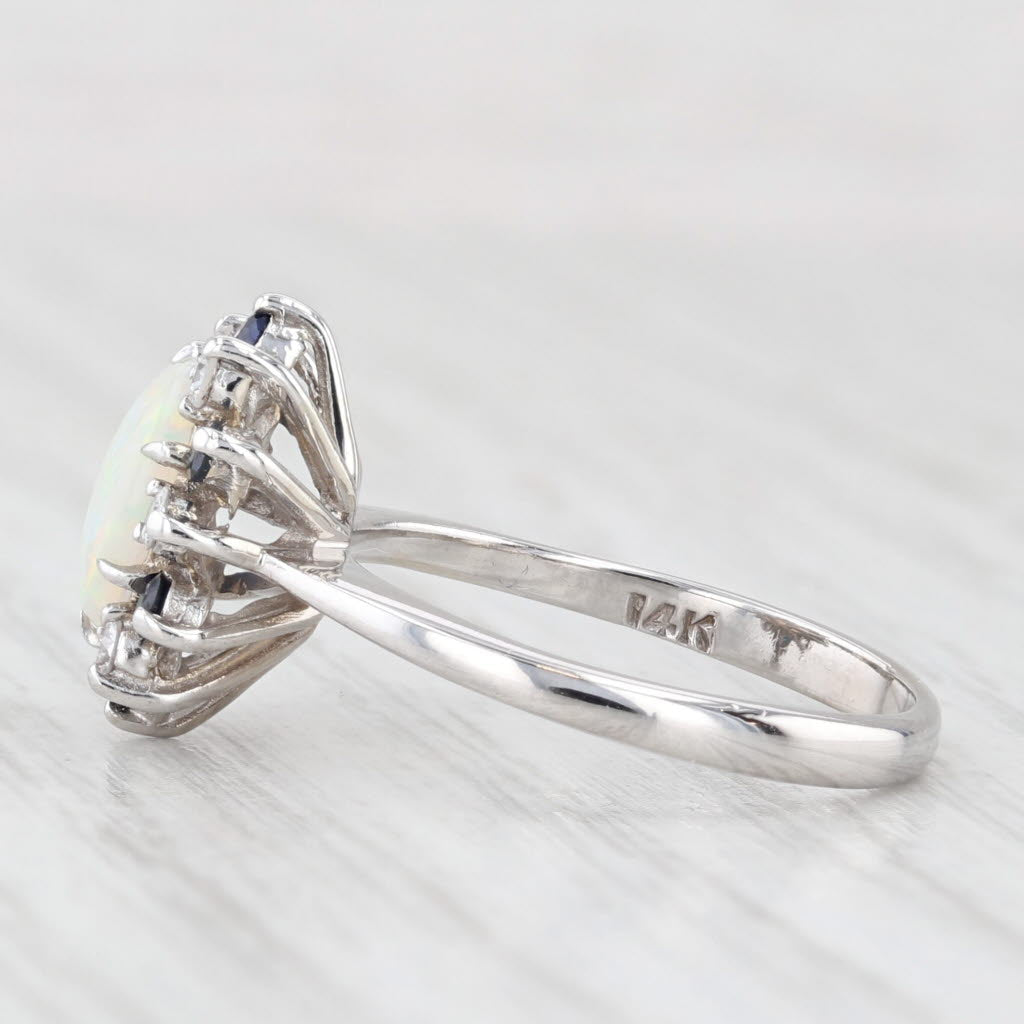 Light Gray Opal Cabochon Sapphire Diamond Halo Ring 14k White Gold Size 6