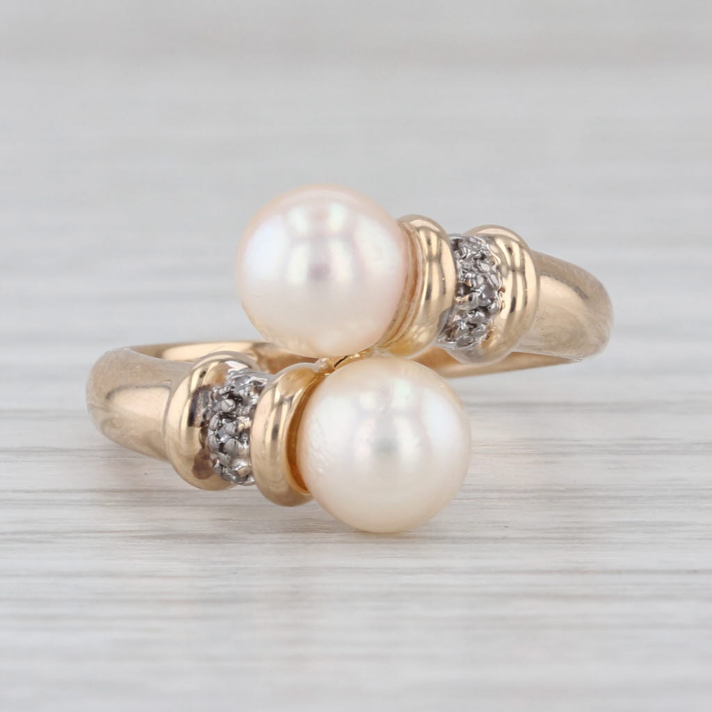 Cultured Pearl Bypass Ring 14k Yellow Gold Size 6.75 Diamond Accents