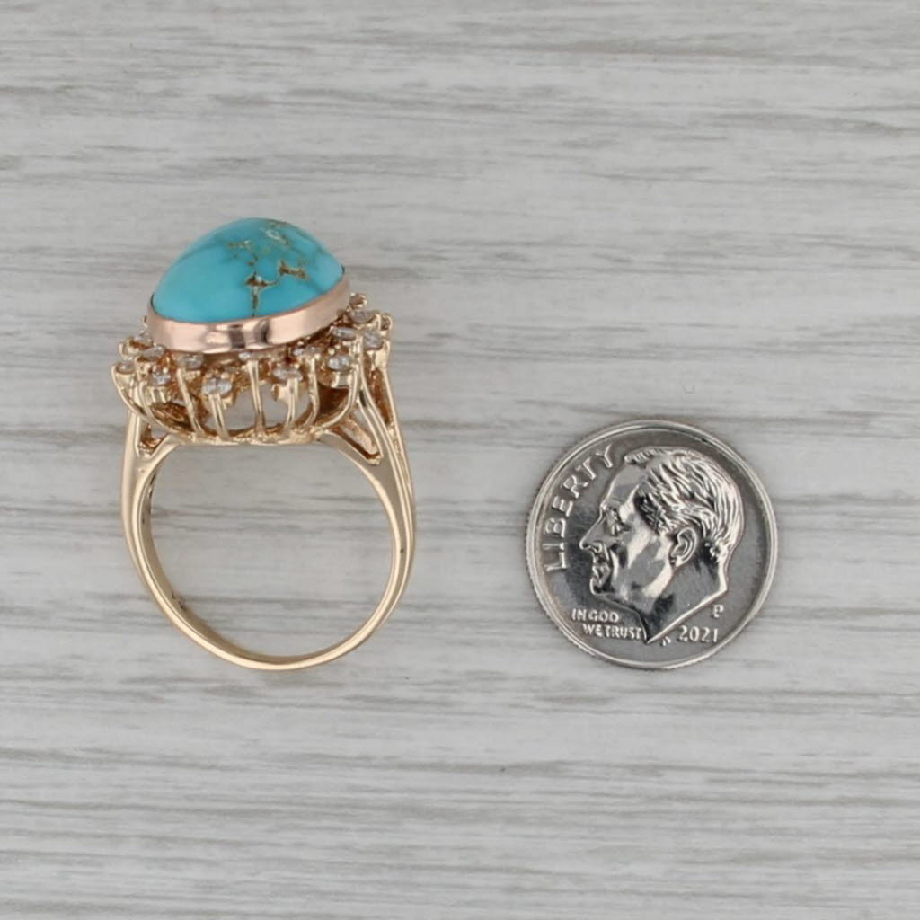 Turquoise Oval Cabochon Diamond Halo Ring 14k Yellow Gold Size 8 Cocktail