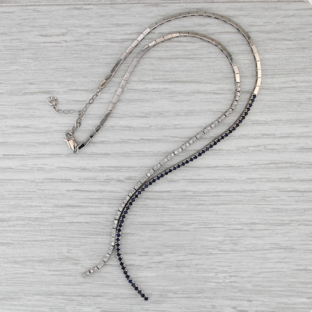 2.40ctw Blue Sapphire Diamond Lariat Tennis Necklace 14k White Gold 16-18"
