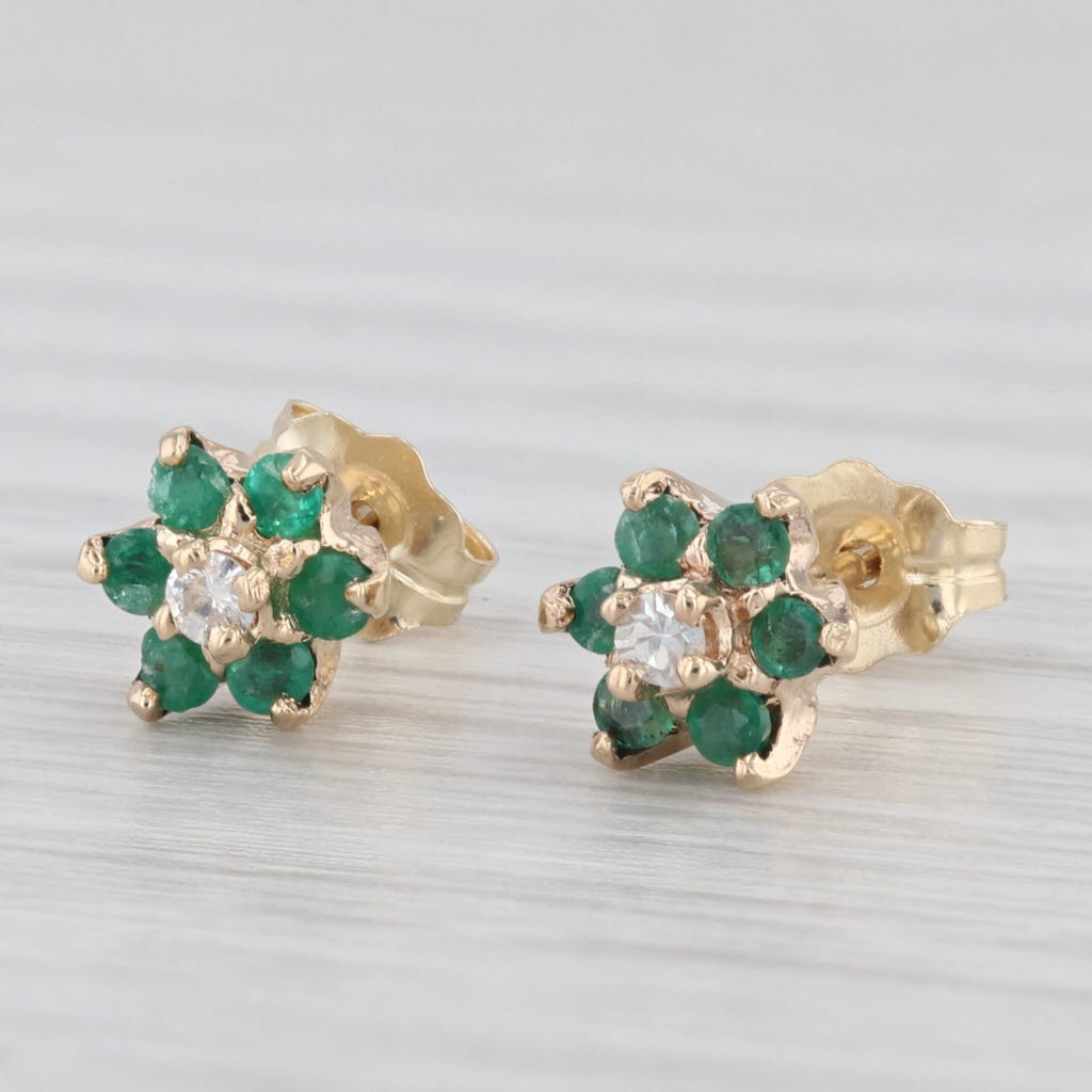 Light Gray 0.28ctw Emerald Diamond Flower Stud Earrings 10k Yellow Gold