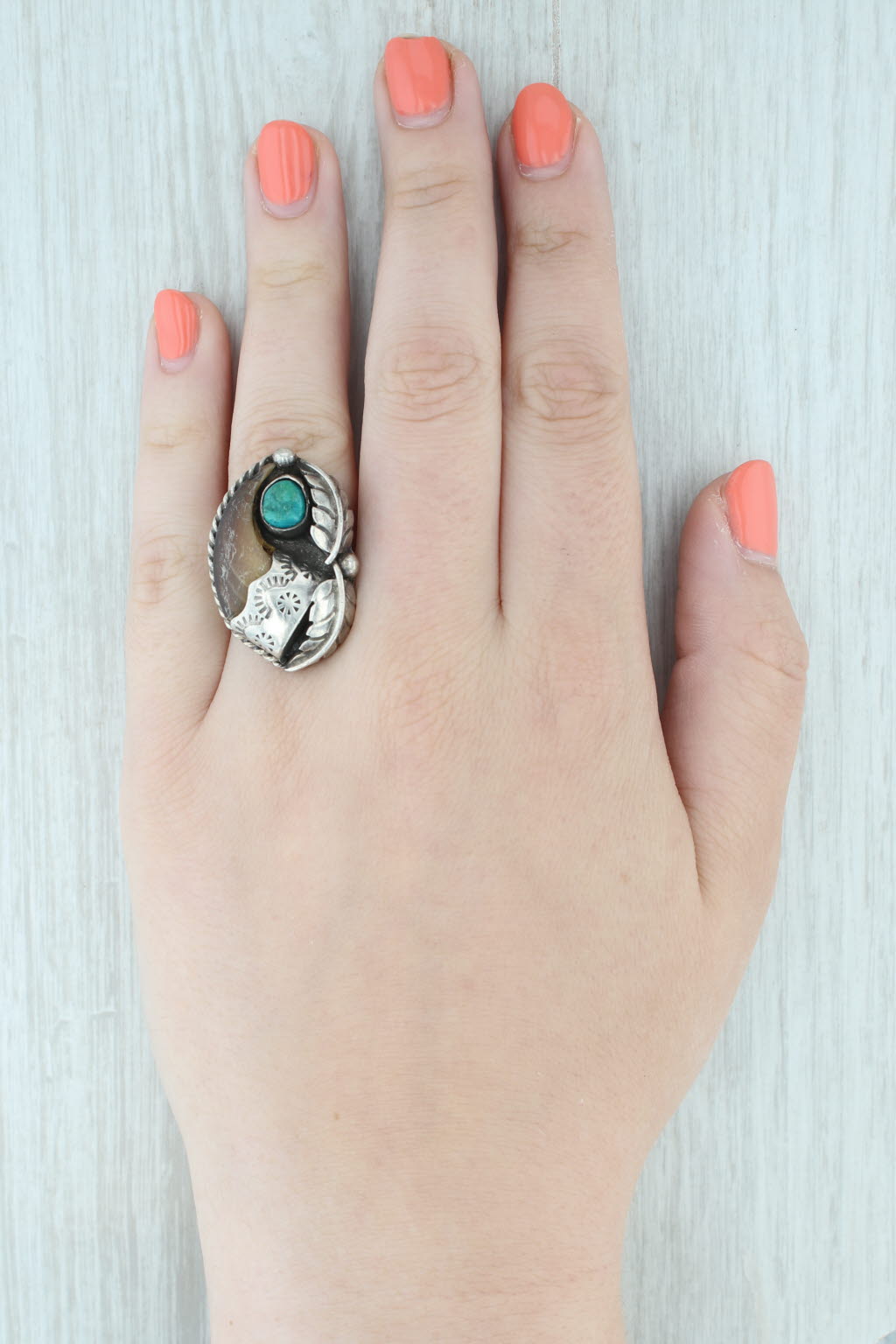 Vintage Native American Turquoise Cabochon Ring Sterling Silver Signed Size 9.5