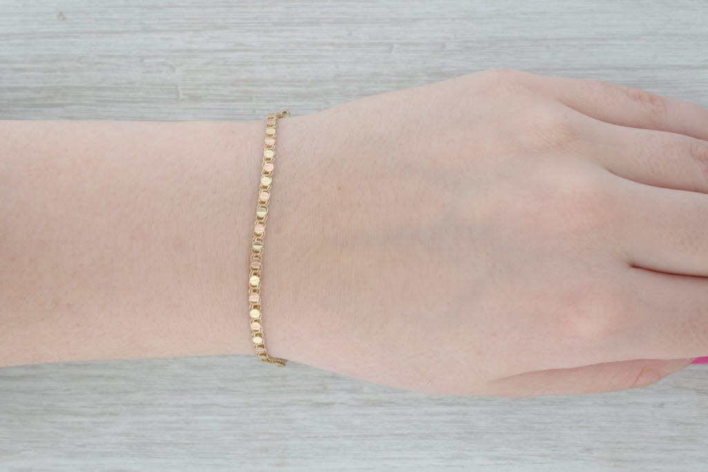 Gray Vintage 2-Tone Dot Link Bracelet 14k Yellow Rose Gold 7" 3mm