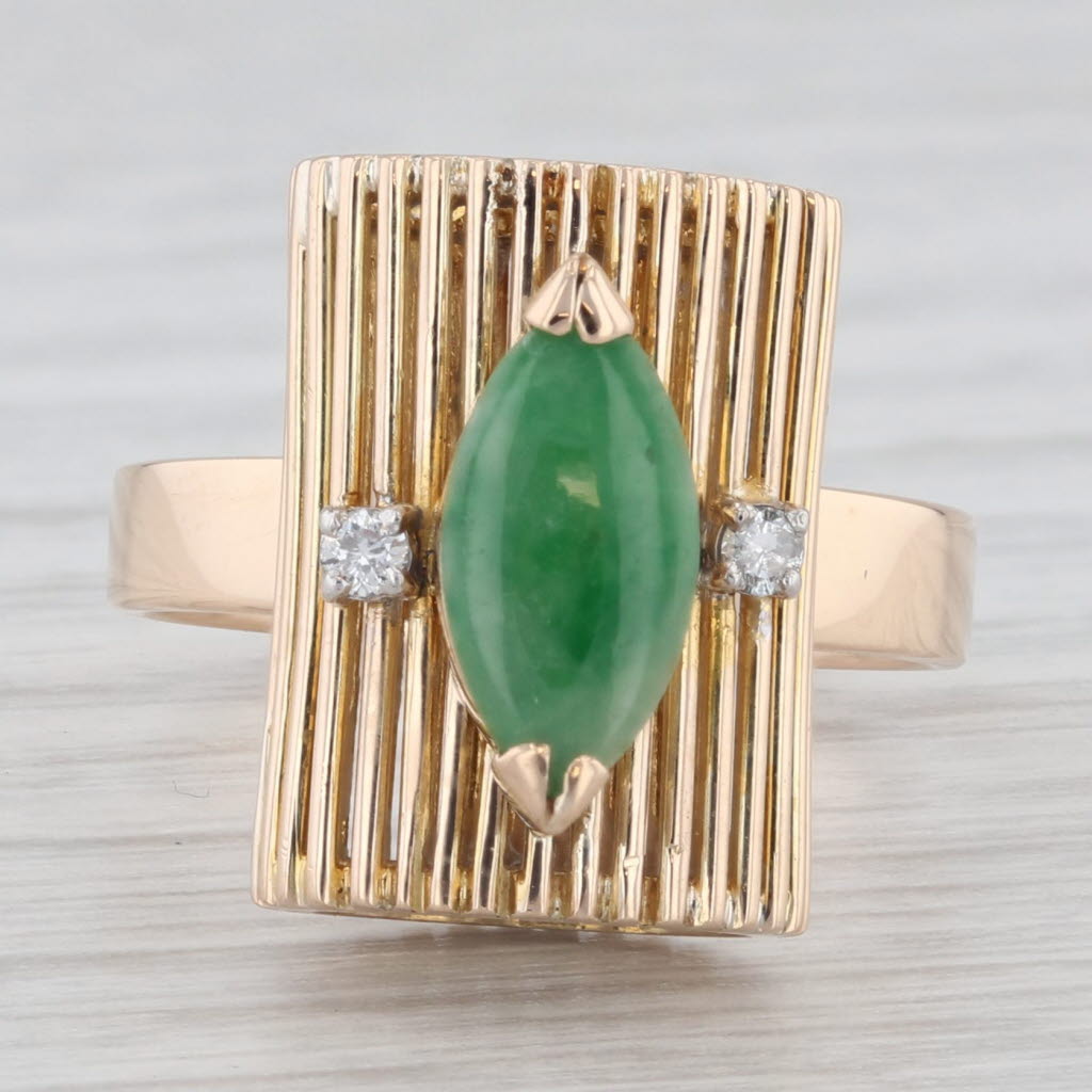 Light Gray Green Jadeite Jade Diamond Unique Ring 14k Rose Gold Size 6.5