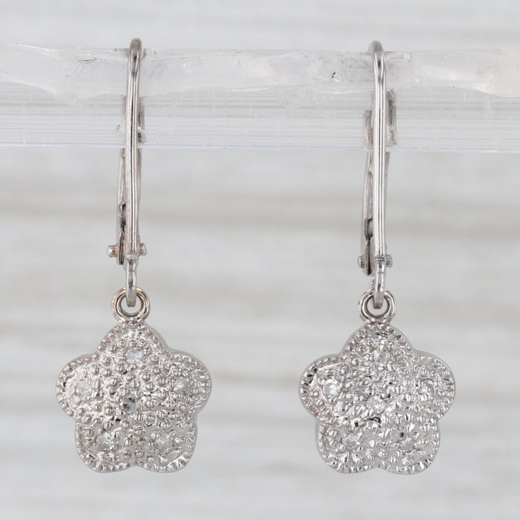 Diamond Flower Dangle Earrings 14k White Gold Leverbacks Floral Drops