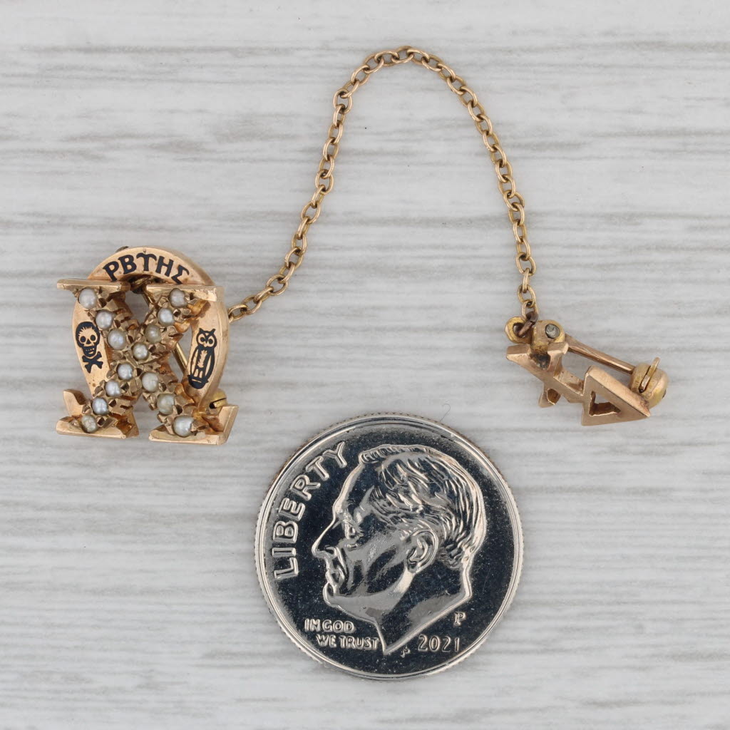 Gray Chi Omega Sorority Badge 10k Yellow Gold Pearl Skull Owl Pin Vintage Greek