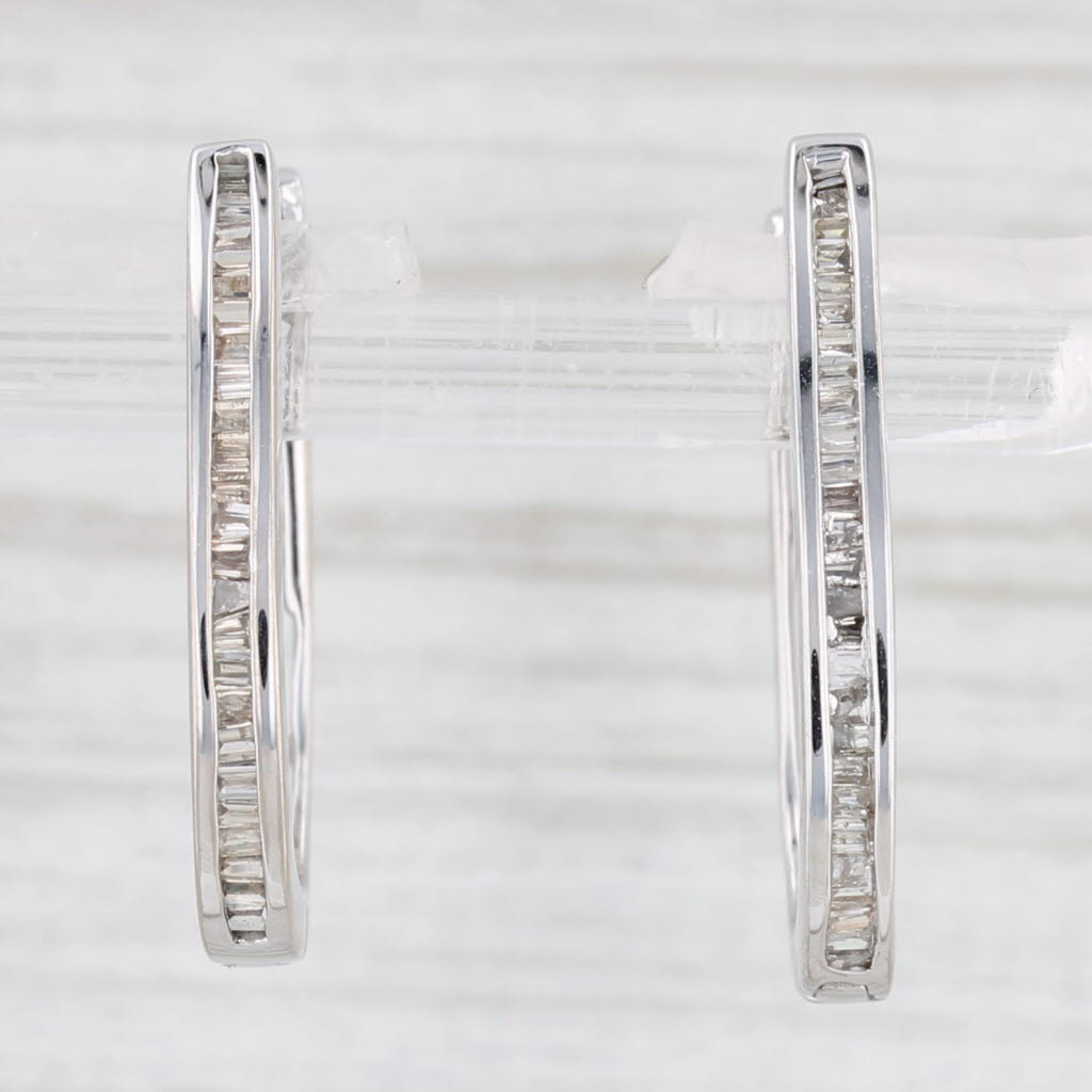 Light Gray 0.24ctw Diamond Oval Hoop Earrings 10k White Gold Hinged Snap Top