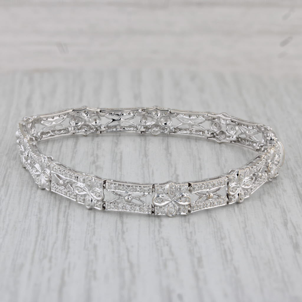 Gray 1ctw Diamond Flower Bracelet 18k White Gold 7.5” 7.6mm