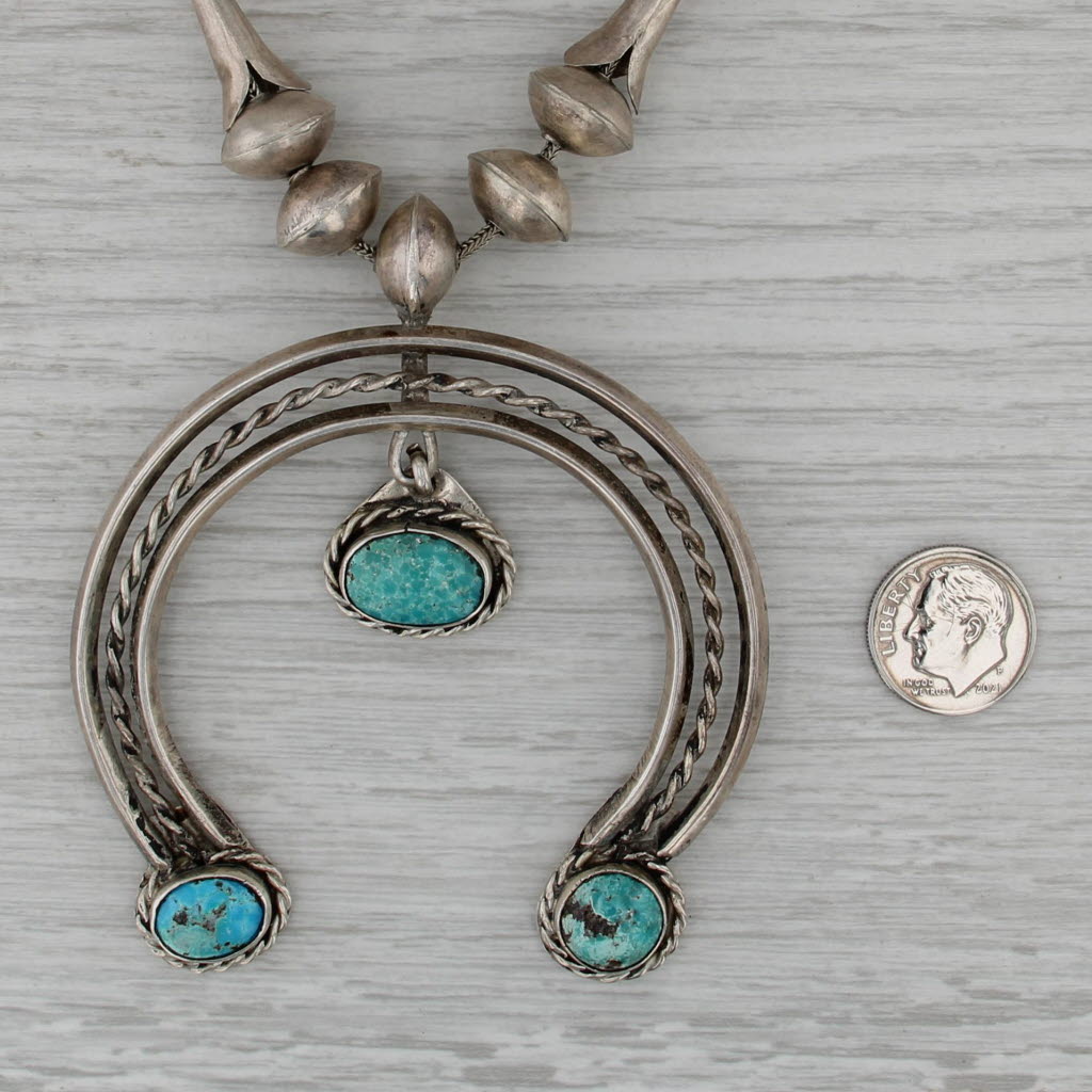 Native American Squash Blossom Turquoise Crescent Bead Necklace Sterling Silver