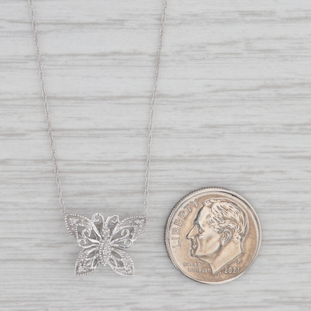 Gray Diamond Accented Butterfly Pendant Necklace 10k White Gold 18" Rope Chain
