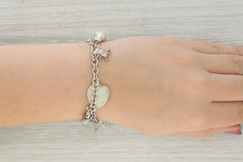 Tan Vintage Silver Souvenir Charm Bracelet 6.75" Turtle Ladybug Heart Horse Sterling