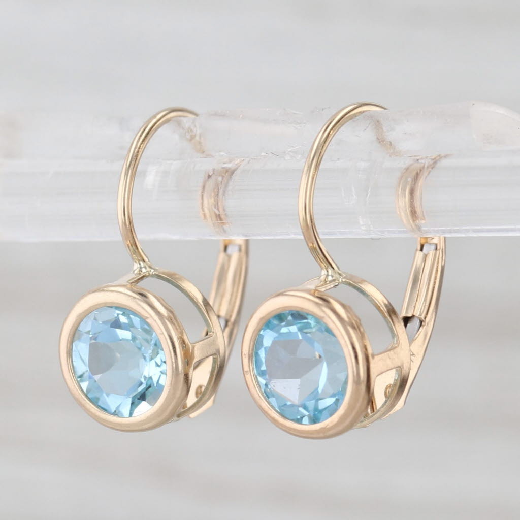 2ctw Blue Topaz Round Solitaire Drop Earrings 14k Yellow Gold Leverbacks