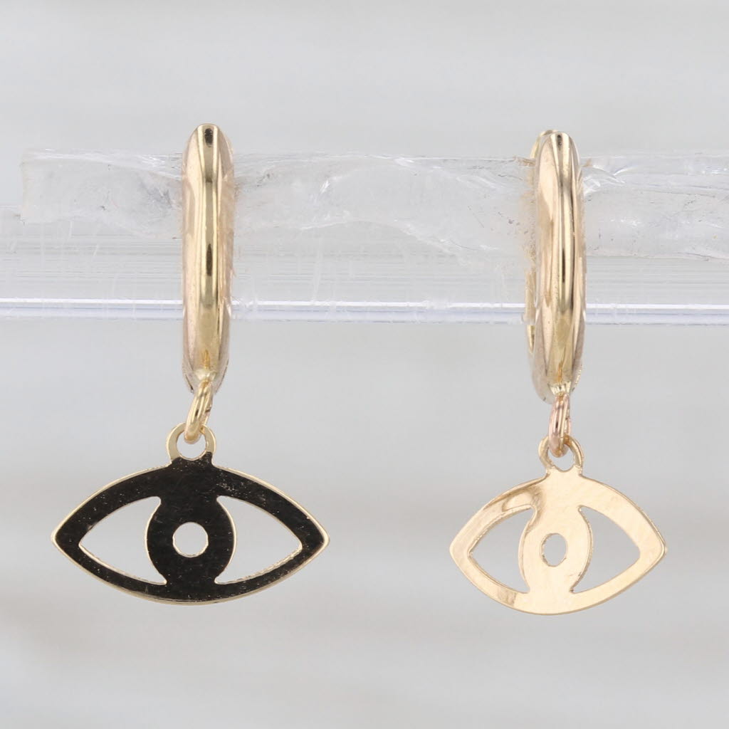 All Seeing Eye Dangle Huggie Hoop Earrings 14k Yellow Gold Snap Top Round Hoops