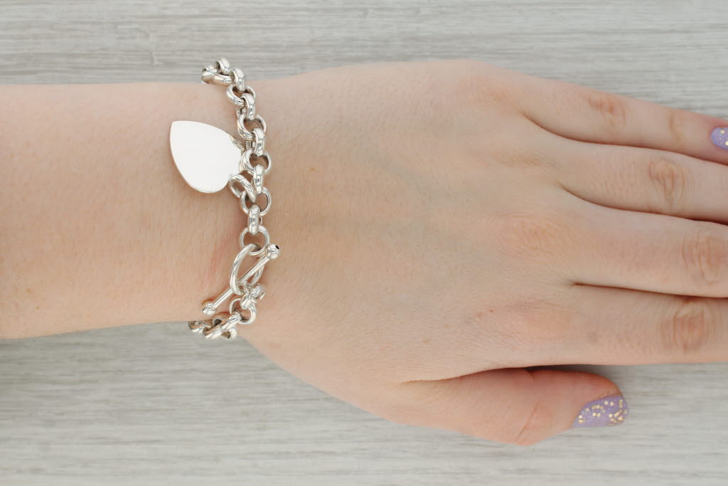 Dark Gray Engravable Heart ID Charm Bracelet Sterling Silver 7" Cable Chain Toggle Clasp