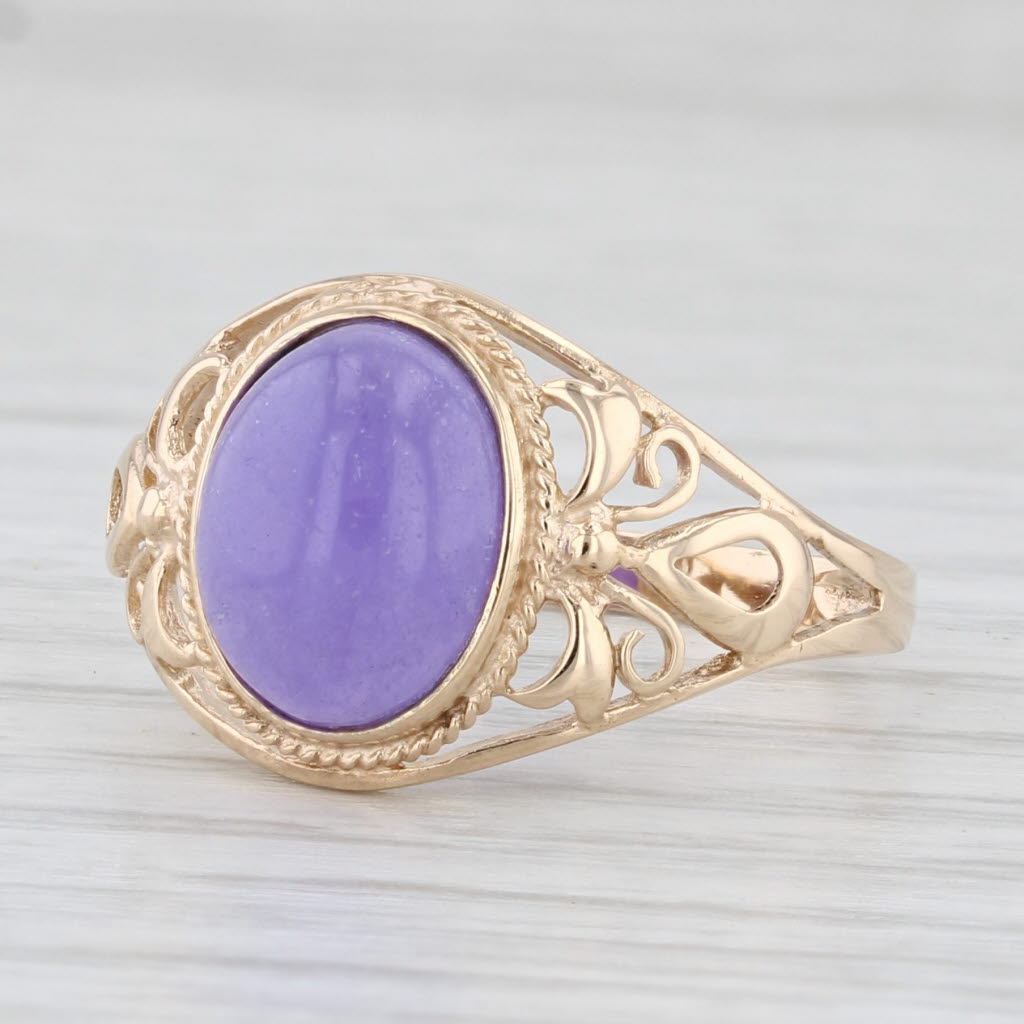 Light Gray Lavender Jadeite Jade Oval Cabochon Solitaire Ring 10k Yellow Gold Size 7.75